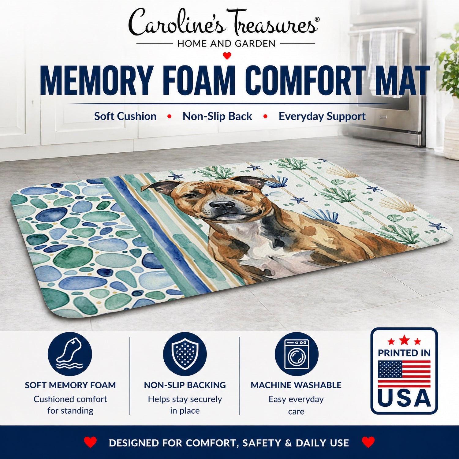Brindle Staffordshire Bull Terrier Coastal Sea Glass Memory Foam Kitchen Mat Machine Washable Anti-Fatigue Cushion Comfort Bath or Kitchen Rug