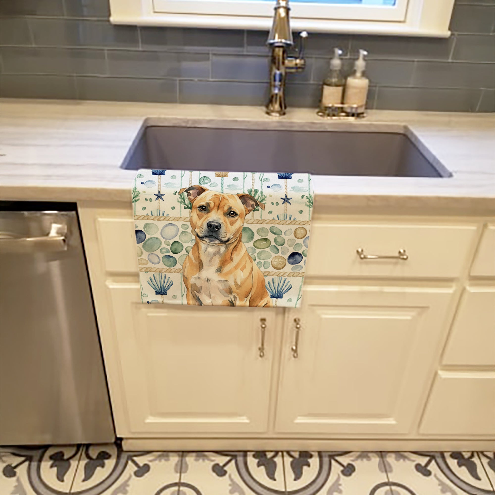 Fawn Staffordshire Bull Terrier Coastal Sea Glass Kitchen Towel Velour Plush Front and Cotton Loop Back Machine Washable