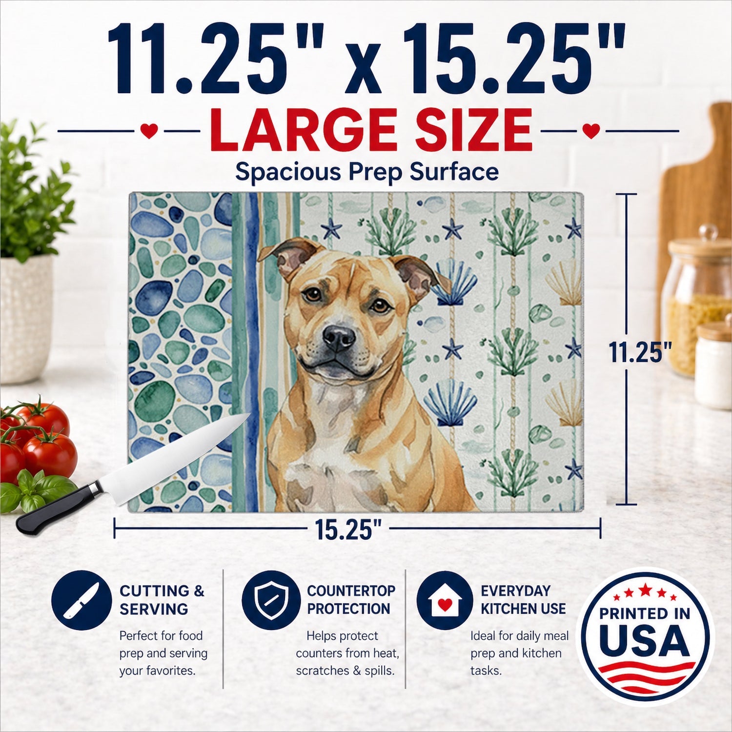 Fawn Staffordshire Bull Terrier Coastal Sea Glass Cutting Board Tempered Glass Kitchen Cutting Surface, Heat Resistant Chopping, Non-Slip Feet, Food Prep & Serving