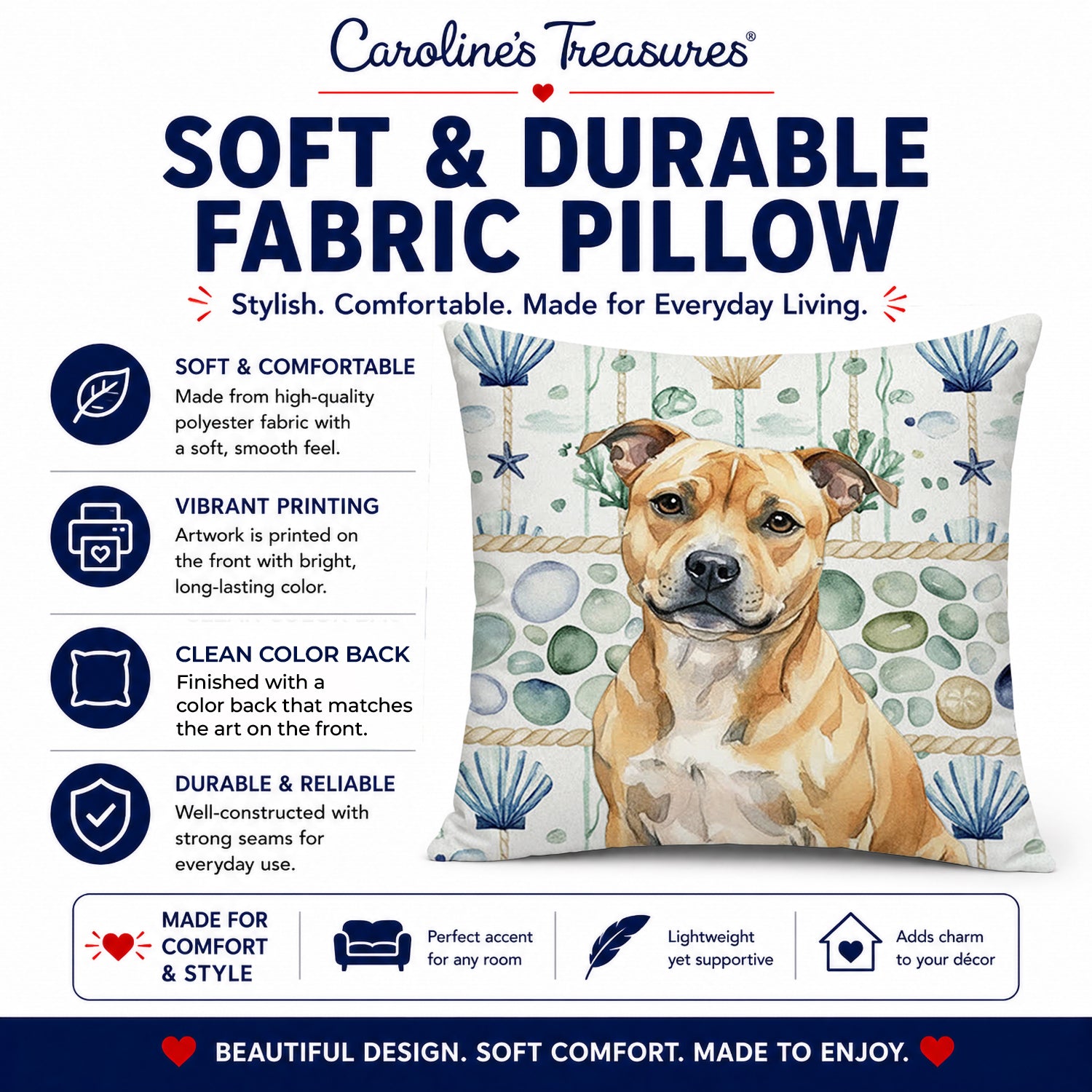 Fawn Staffordshire Bull Terrier Coastal Sea Glass Decorative Throw Pillow 14x14 Indoor Outdoor Accent Cushion, Fabric Cover with Insert for Sofa, Bed, Porch & Living Room
