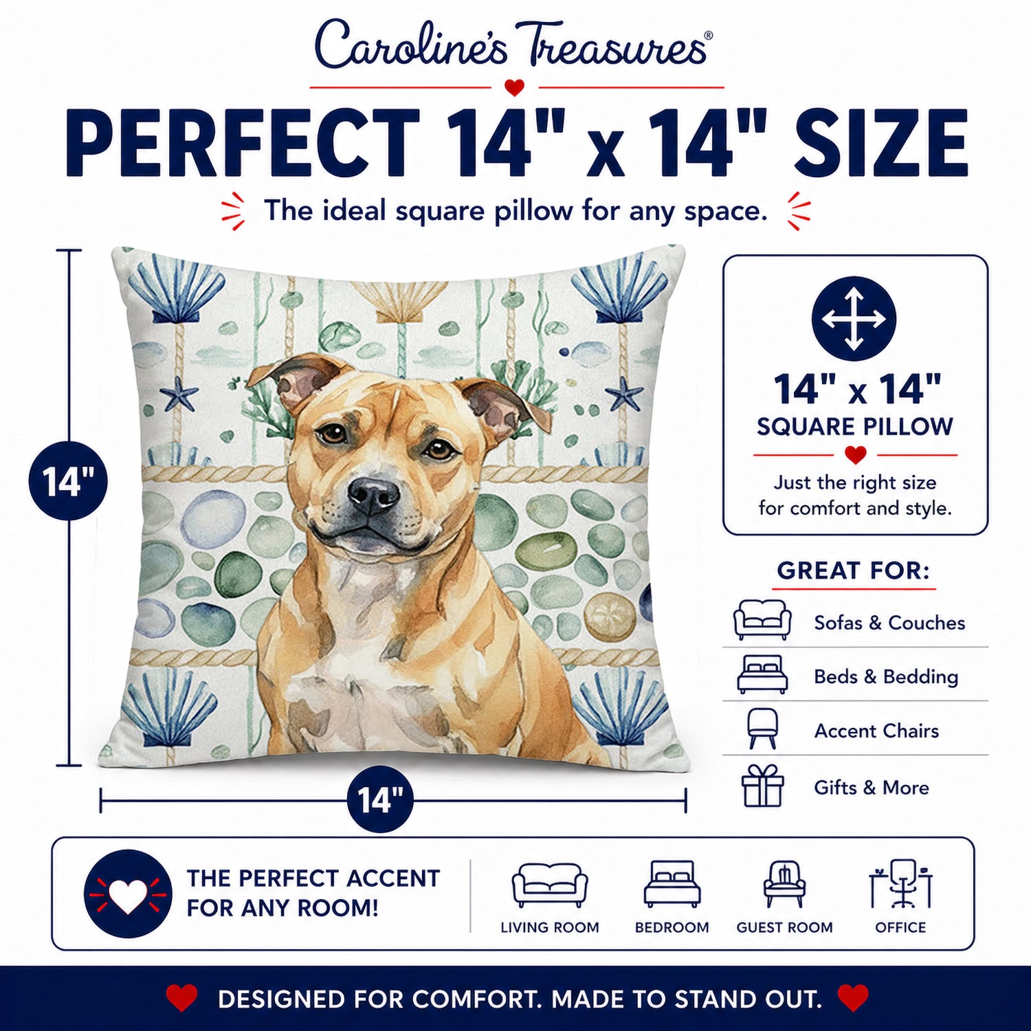 Fawn Staffordshire Bull Terrier Coastal Sea Glass Decorative Throw Pillow 14x14 Indoor Outdoor Accent Cushion, Fabric Cover with Insert for Sofa, Bed, Porch & Living Room
