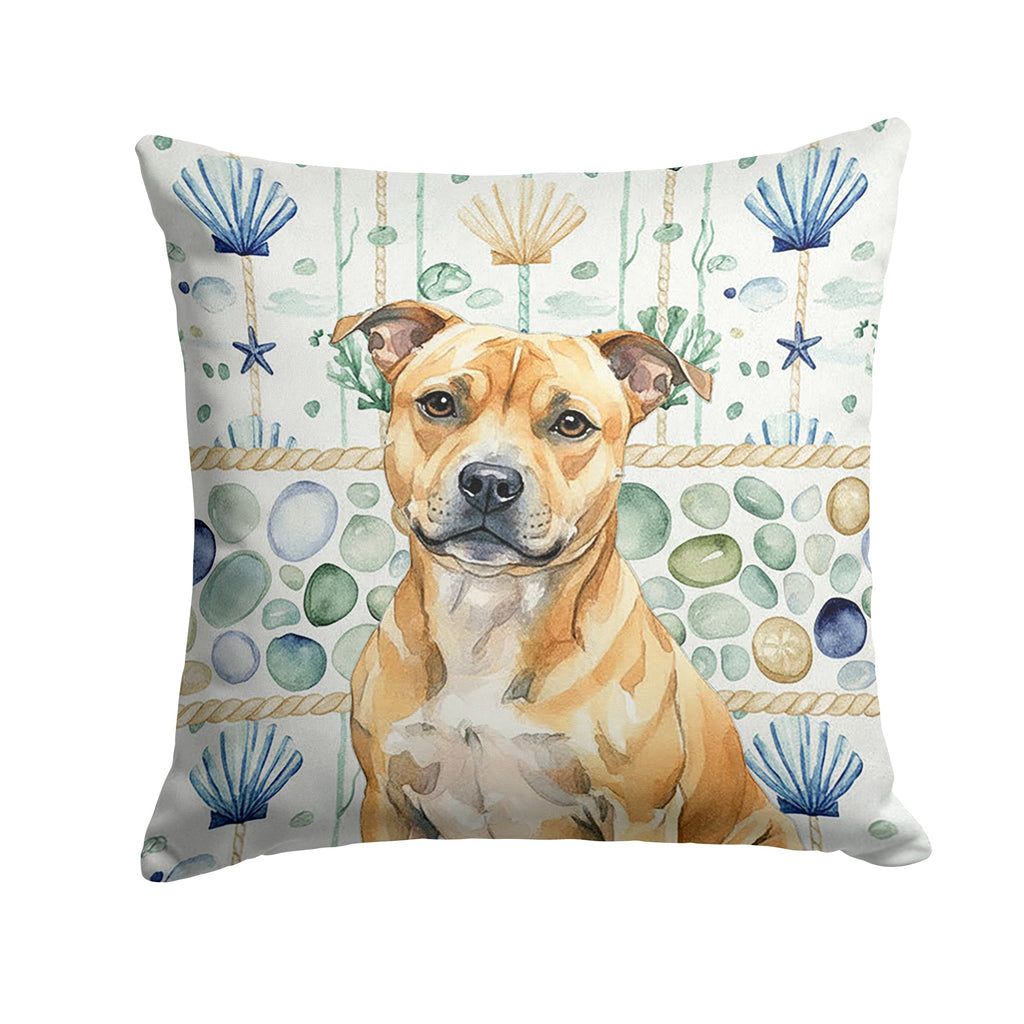 Fawn Staffordshire Bull Terrier Coastal Sea Glass Decorative Throw Pillow 18x18 Indoor Outdoor Accent Cushion, Fabric Cover with Insert for Sofa, Bed, Porch & Living Room