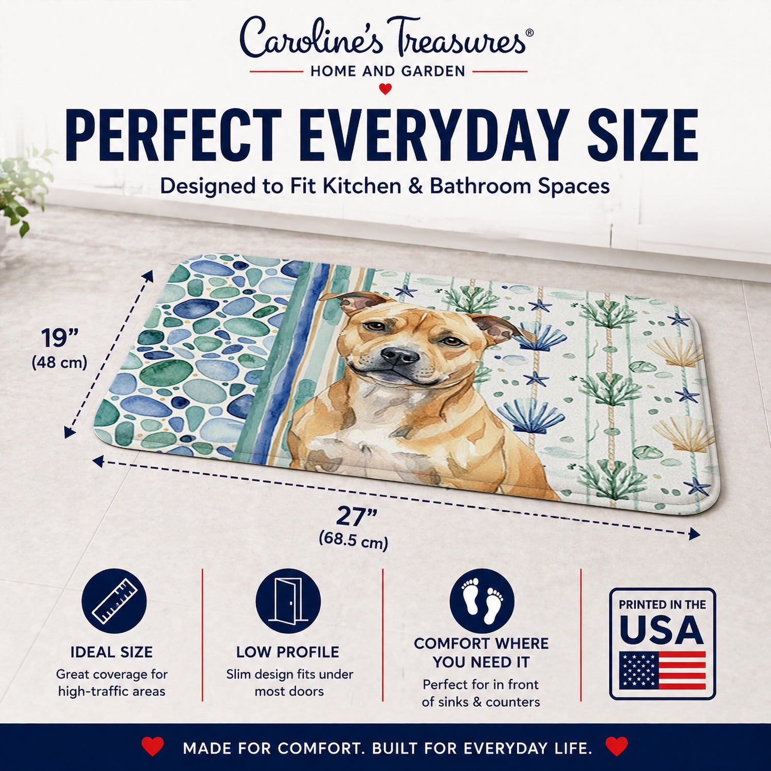 Fawn Staffordshire Bull Terrier Coastal Sea Glass Memory Foam Kitchen Mat Machine Washable Anti-Fatigue Cushion Comfort Bath or Kitchen Rug