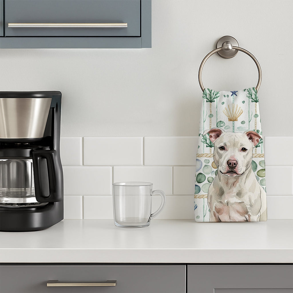 White Staffordshire Bull Terrier Coastal Sea Glass Kitchen Towel Velour Plush Front and Cotton Loop Back Machine Washable