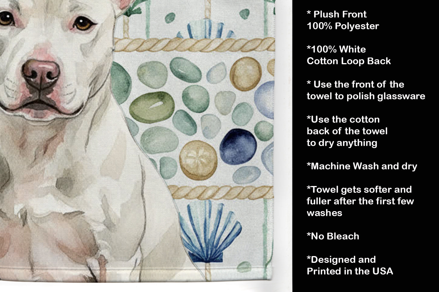 White Staffordshire Bull Terrier Coastal Sea Glass Kitchen Towel Velour Plush Front and Cotton Loop Back Machine Washable