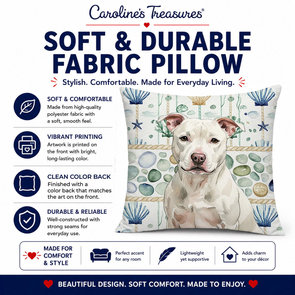 White Staffordshire Bull Terrier Coastal Sea Glass Decorative Throw Pillow 14x14 Indoor Outdoor Accent Cushion, Fabric Cover with Insert for Sofa, Bed, Porch & Living Room