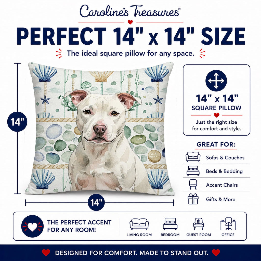 White Staffordshire Bull Terrier Coastal Sea Glass Decorative Throw Pillow 14x14 Indoor Outdoor Accent Cushion, Fabric Cover with Insert for Sofa, Bed, Porch & Living Room