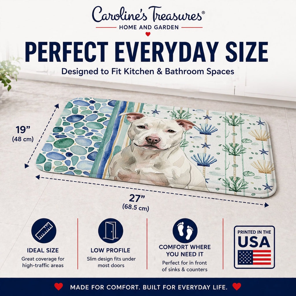 White Staffordshire Bull Terrier Coastal Sea Glass Memory Foam Kitchen Mat Machine Washable Anti-Fatigue Cushion Comfort Bath or Kitchen Rug