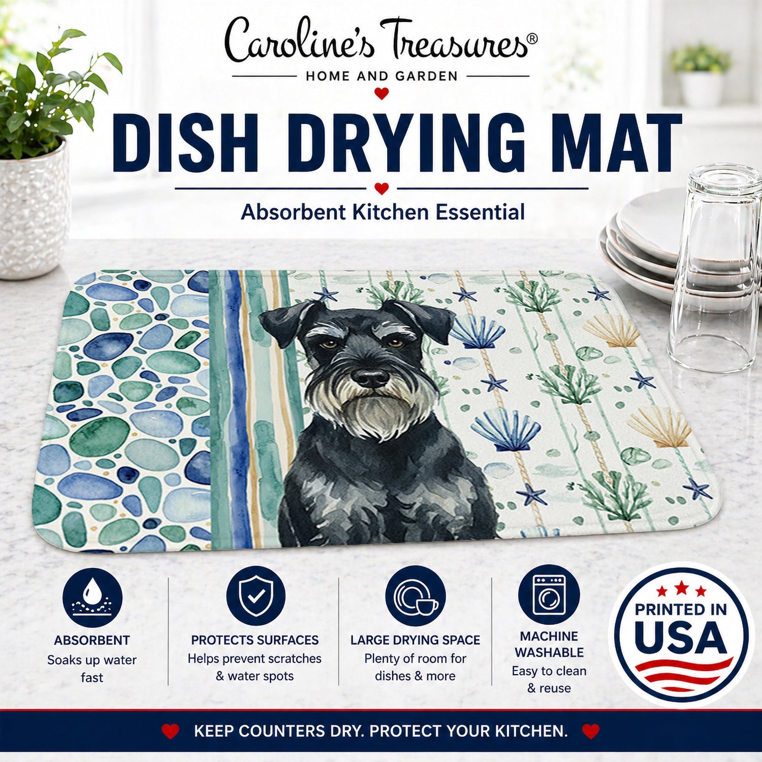 Standard Schnauzer Coastal Sea Glass Dish Drying Mat Absorbent Dish Drying Mat Pad for Kitchen Counter Dish Drainer Mat for Countertop, 14 x 21", Multicolor