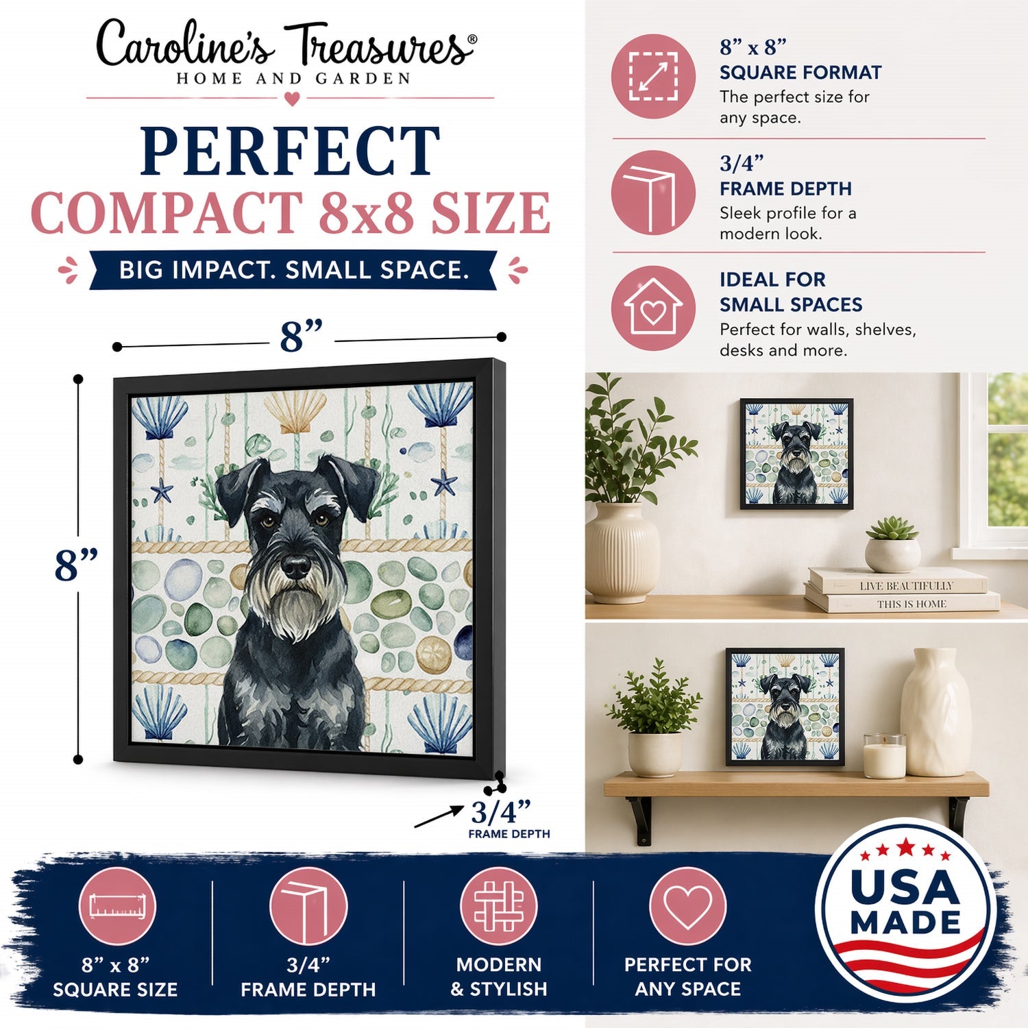 Standard Schnauzer Coastal Sea Glass Framed Metal Print Bathroom, Kitchen, Office, Home Decor Wall Art Ready to Hang, Square, 8X8