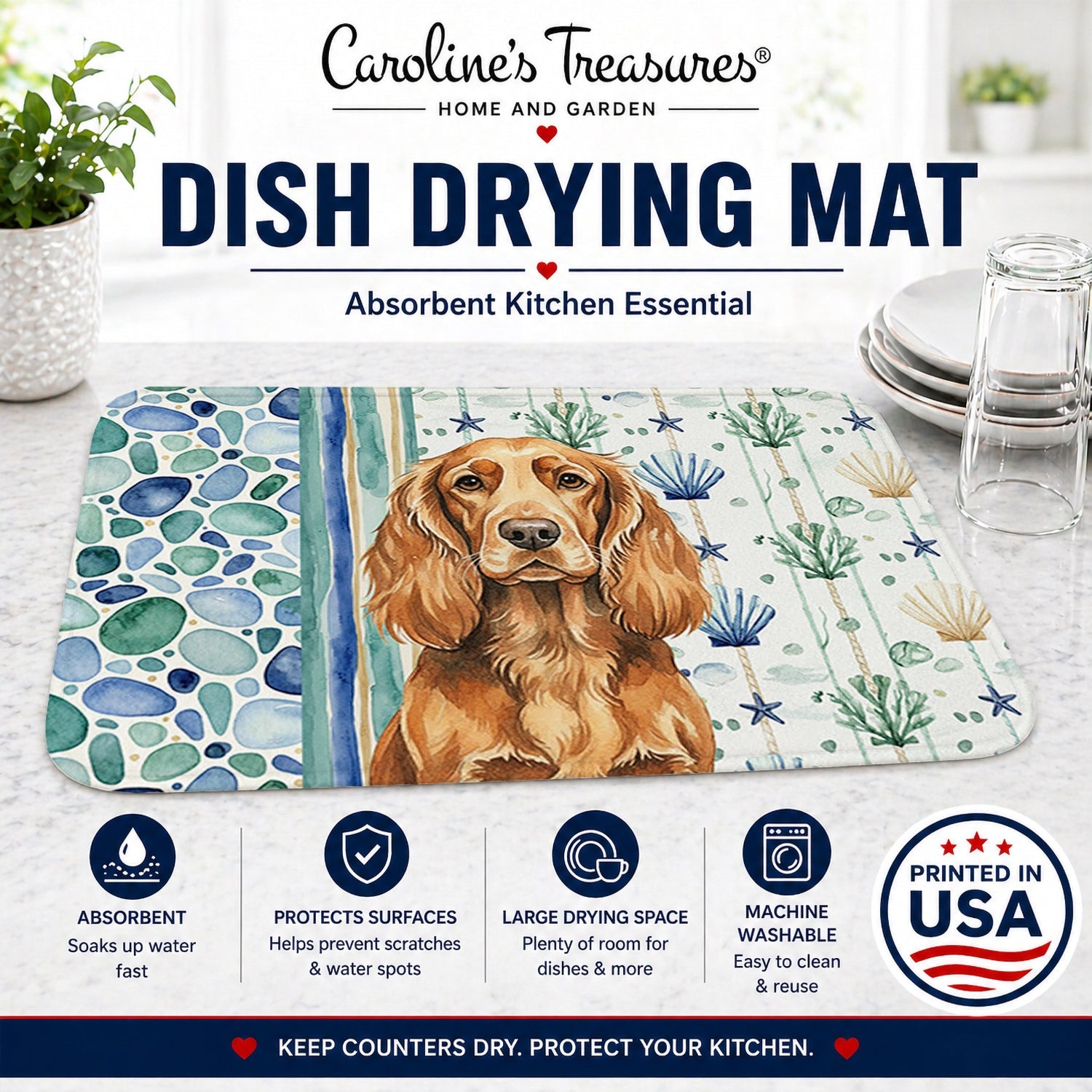 Sussex Spaniel Coastal Sea Glass Dish Drying Mat Absorbent Dish Drying Mat Pad for Kitchen Counter Dish Drainer Mat for Countertop, 14 x 21", Multicolor