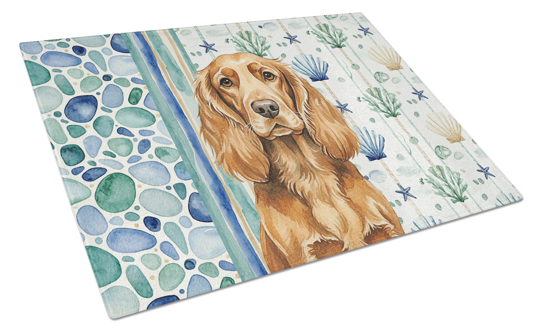 Sussex Spaniel Coastal Sea Glass Cutting Board Tempered Glass Kitchen Cutting Surface, Heat Resistant Chopping, Non-Slip Feet, Food Prep & Serving