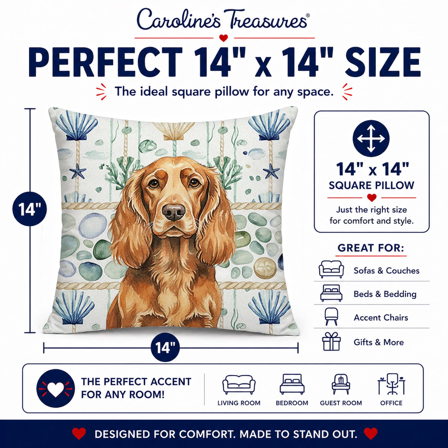 Sussex Spaniel Coastal Sea Glass Decorative Throw Pillow 14x14 Indoor Outdoor Accent Cushion, Fabric Cover with Insert for Sofa, Bed, Porch & Living Room