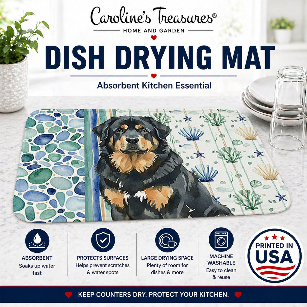 Black and Tan Tibetan Mastiff Coastal Sea Glass Dish Drying Mat Absorbent Dish Drying Mat Pad for Kitchen Counter Dish Drainer Mat for Countertop, 14 x 21", Multicolor