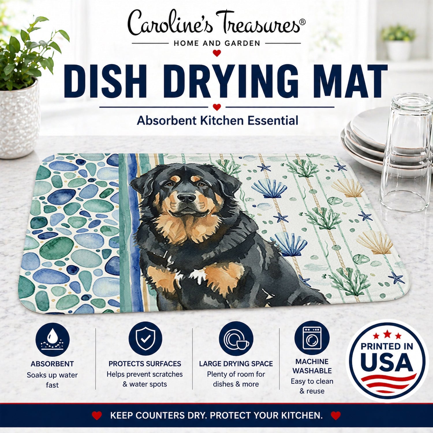 Black and Tan Tibetan Mastiff Coastal Sea Glass Dish Drying Mat Absorbent Dish Drying Mat Pad for Kitchen Counter Dish Drainer Mat for Countertop, 14 x 21", Multicolor