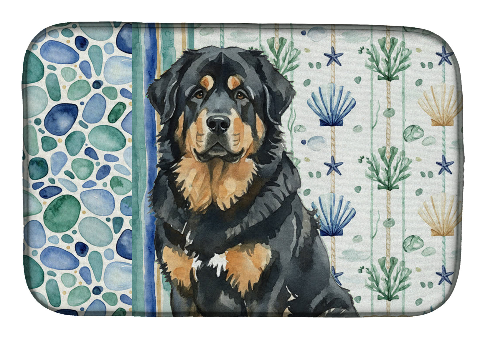 Black and Tan Tibetan Mastiff Coastal Sea Glass Dish Drying Mat Absorbent Dish Drying Mat Pad for Kitchen Counter Dish Drainer Mat for Countertop, 14 x 21", Multicolor