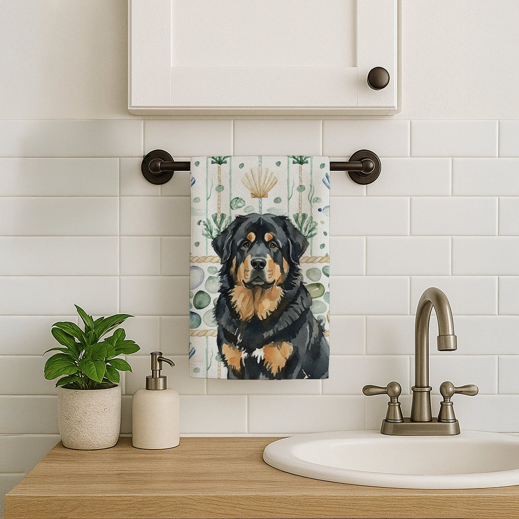 Black and Tan Tibetan Mastiff Coastal Sea Glass Kitchen Towel Velour Plush Front and Cotton Loop Back Machine Washable