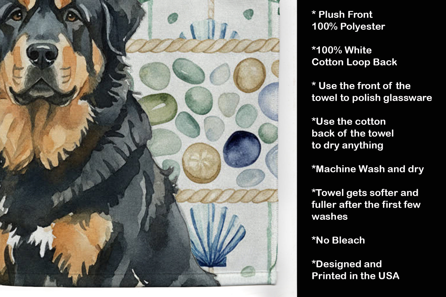 Black and Tan Tibetan Mastiff Coastal Sea Glass Kitchen Towel Velour Plush Front and Cotton Loop Back Machine Washable