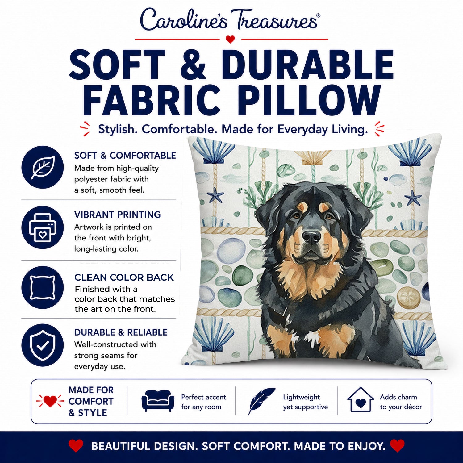 Black and Tan Tibetan Mastiff Coastal Sea Glass Decorative Throw Pillow 14x14 Indoor Outdoor Accent Cushion, Fabric Cover with Insert for Sofa, Bed, Porch & Living Room