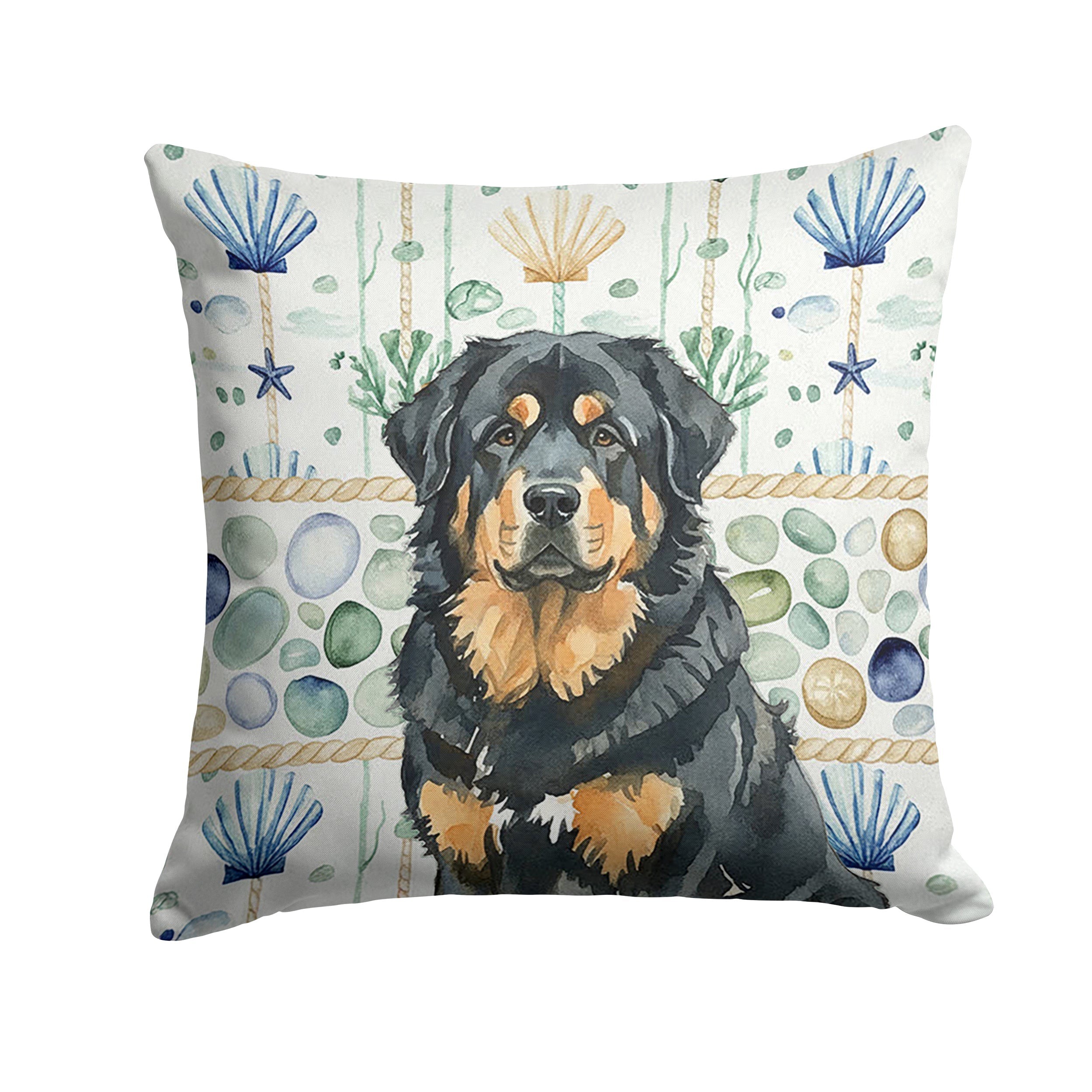 Black and Tan Tibetan Mastiff Coastal Sea Glass Decorative Throw Pillow 18x18 Indoor Outdoor Accent Cushion, Fabric Cover with Insert for Sofa, Bed, Porch & Living Room
