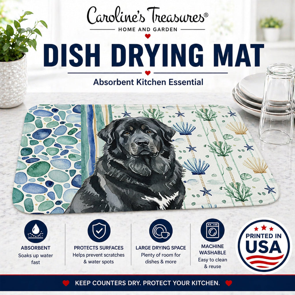 Black Tibetan Mastiff Coastal Sea Glass Dish Drying Mat Absorbent Dish Drying Mat Pad for Kitchen Counter Dish Drainer Mat for Countertop, 14 x 21", Multicolor