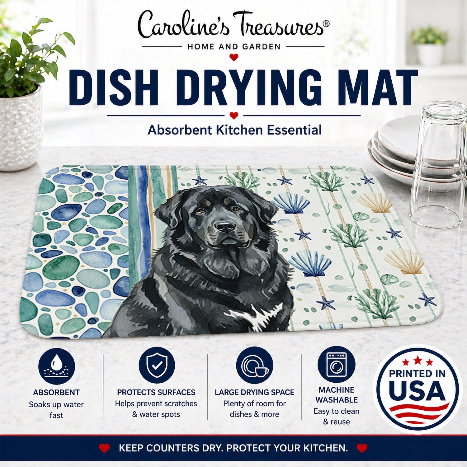 Black Tibetan Mastiff Coastal Sea Glass Dish Drying Mat Absorbent Dish Drying Mat Pad for Kitchen Counter Dish Drainer Mat for Countertop, 14 x 21", Multicolor