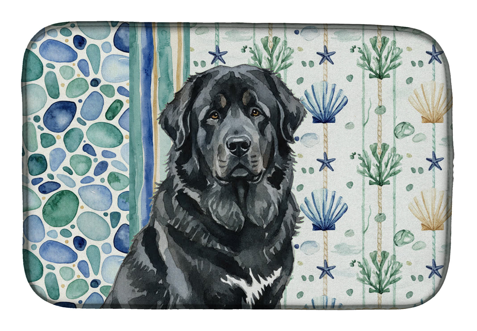 Black Tibetan Mastiff Coastal Sea Glass Dish Drying Mat Absorbent Dish Drying Mat Pad for Kitchen Counter Dish Drainer Mat for Countertop, 14 x 21", Multicolor