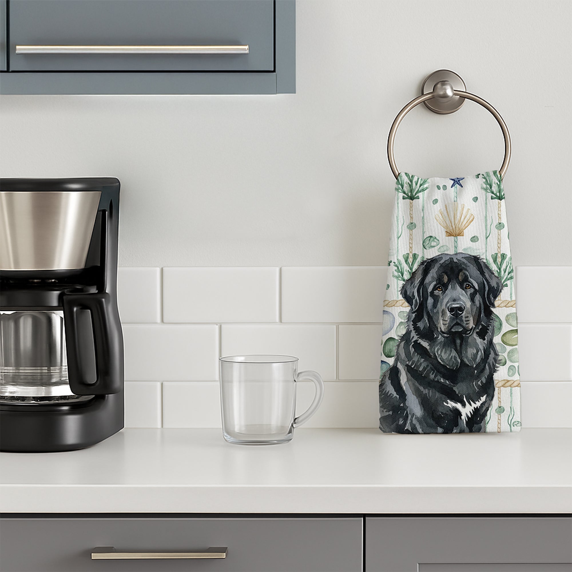 Black Tibetan Mastiff Coastal Sea Glass Kitchen Towel Velour Plush Front and Cotton Loop Back Machine Washable