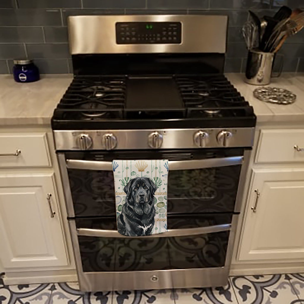 Black Tibetan Mastiff Coastal Sea Glass Kitchen Towel Velour Plush Front and Cotton Loop Back Machine Washable