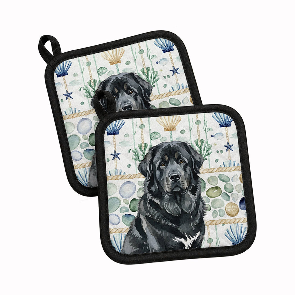 Black Tibetan Mastiff Coastal Sea Glass Pot Holder Set of 2 Heat Resistant Quilted Hot Pads 7.5 x 7.5 Inch, Insulated Kitchen Trivets for Cooking & Baking