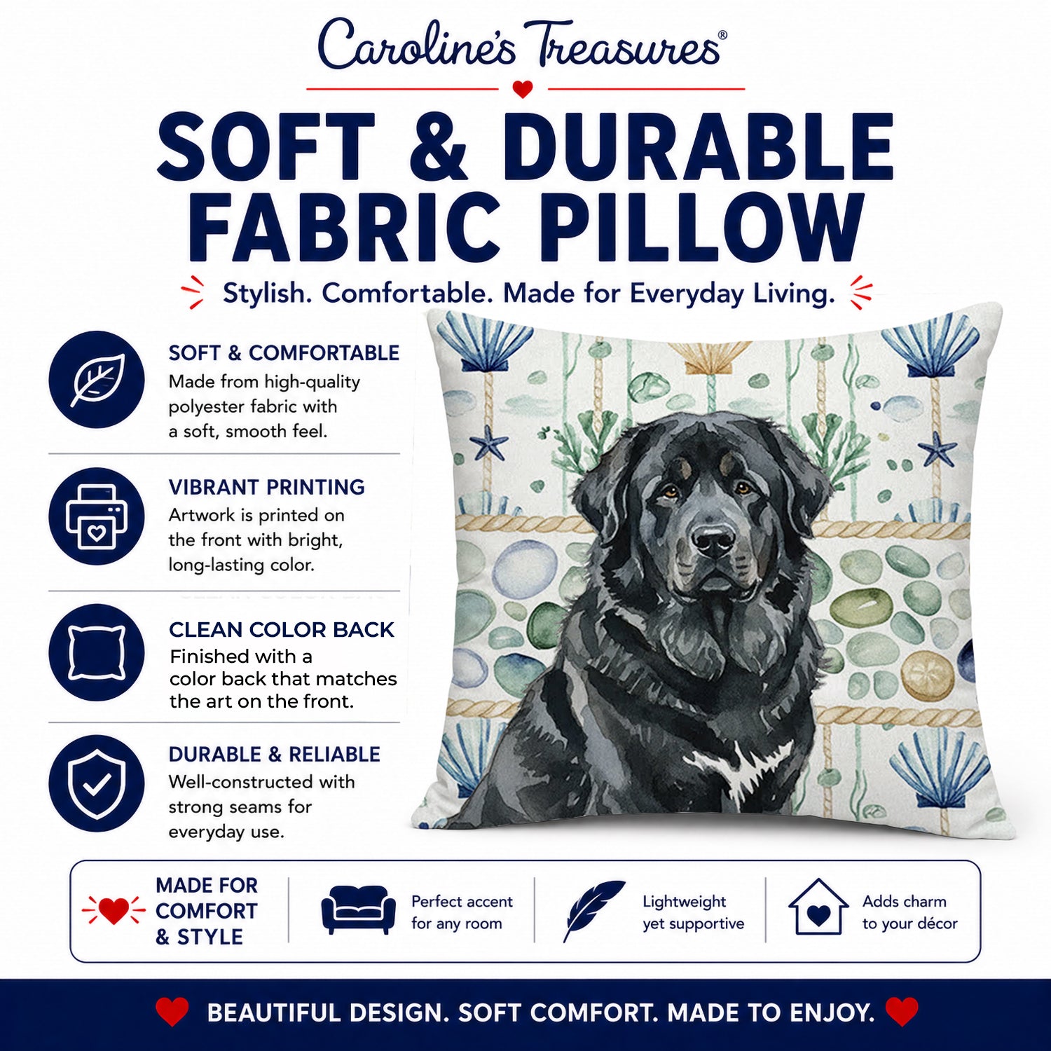 Black Tibetan Mastiff Coastal Sea Glass Decorative Throw Pillow 14x14 Indoor Outdoor Accent Cushion, Fabric Cover with Insert for Sofa, Bed, Porch & Living Room