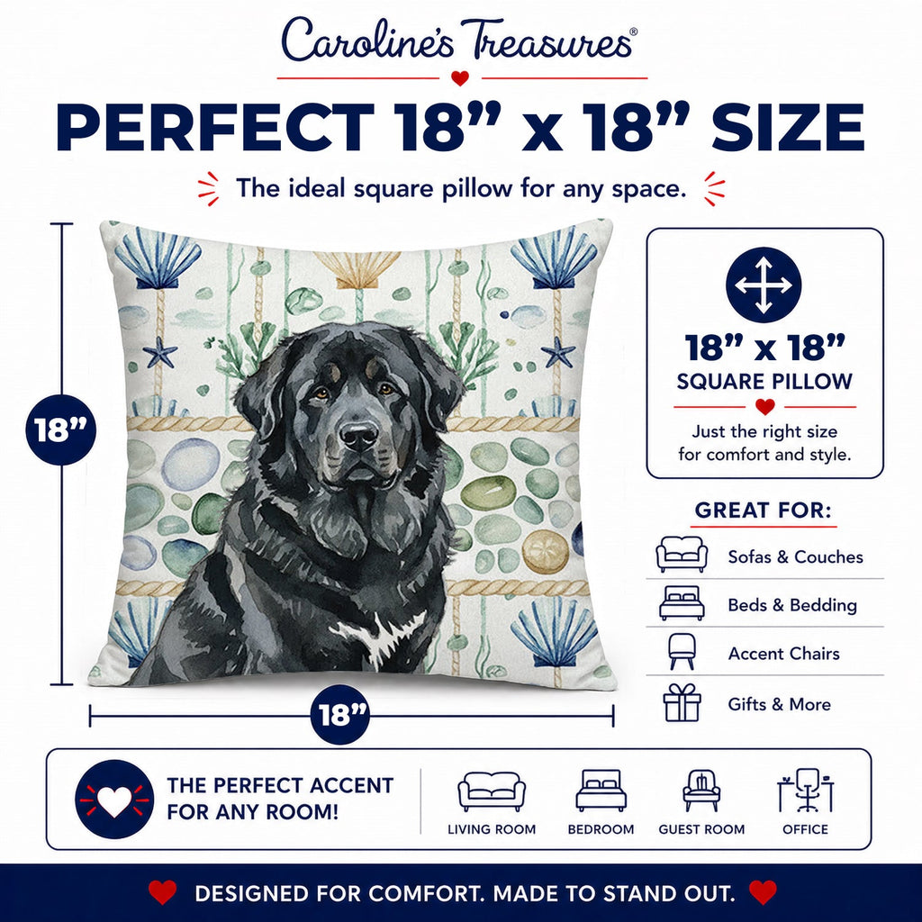 Black Tibetan Mastiff Coastal Sea Glass Decorative Throw Pillow 18x18 Indoor Outdoor Accent Cushion, Fabric Cover with Insert for Sofa, Bed, Porch & Living Room
