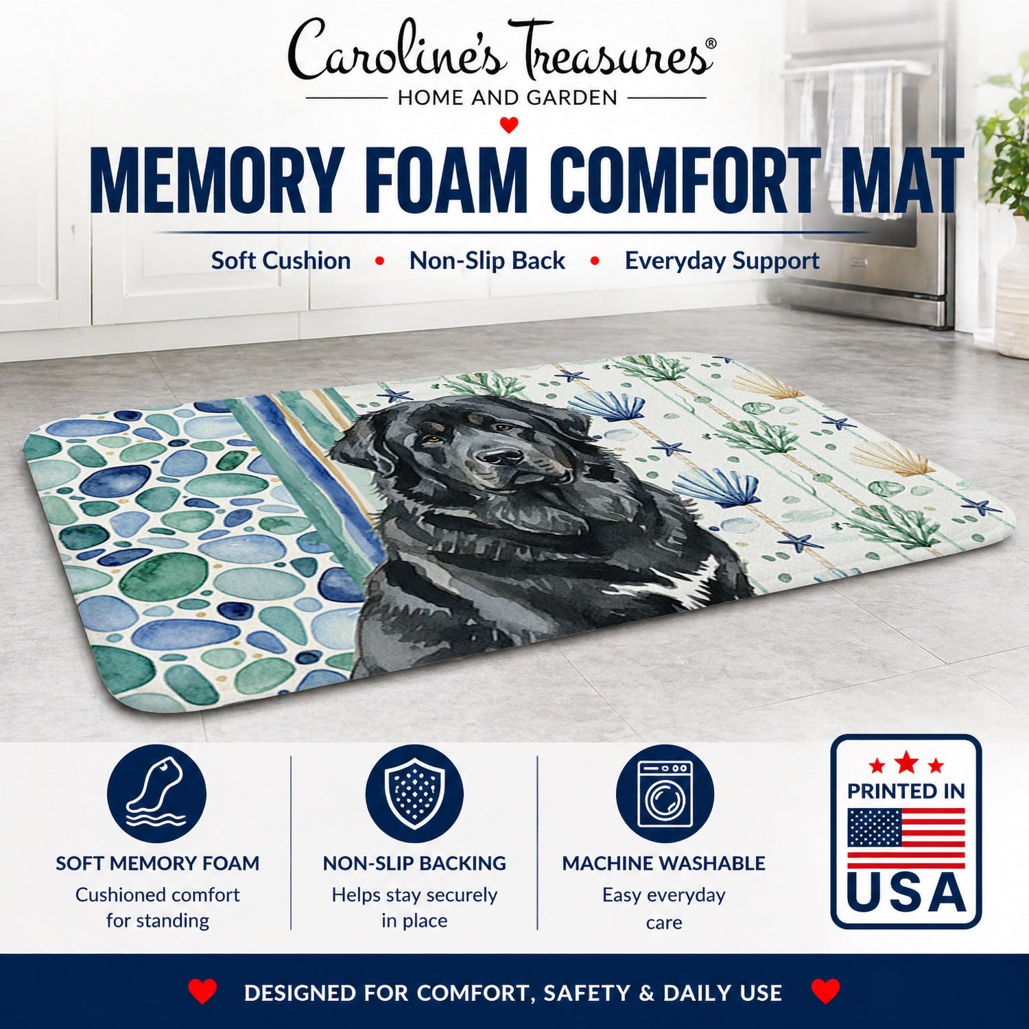 Black Tibetan Mastiff Coastal Sea Glass Memory Foam Kitchen Mat Machine Washable Anti-Fatigue Cushion Comfort Bath or Kitchen Rug