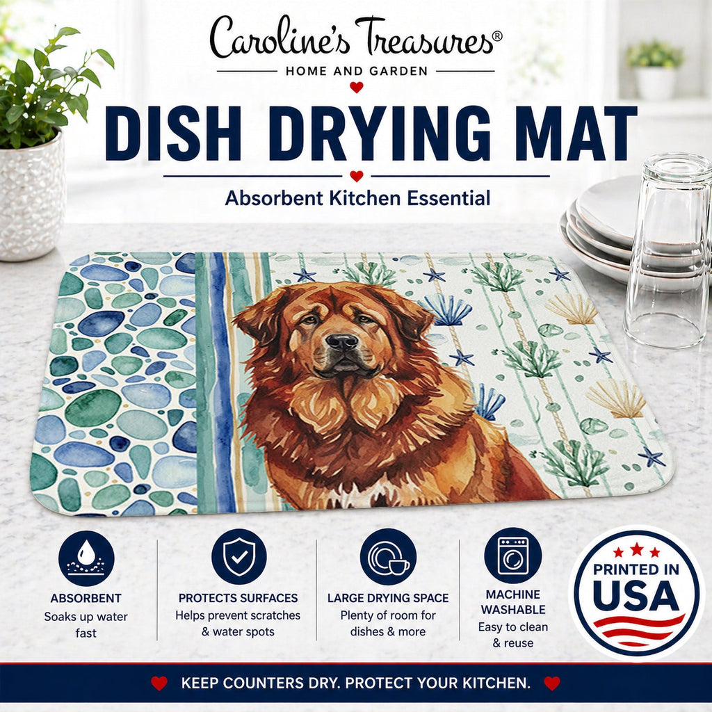 Red Gold Tibetan Mastiff Coastal Sea Glass Dish Drying Mat Absorbent Dish Drying Mat Pad for Kitchen Counter Dish Drainer Mat for Countertop, 14 x 21", Multicolor