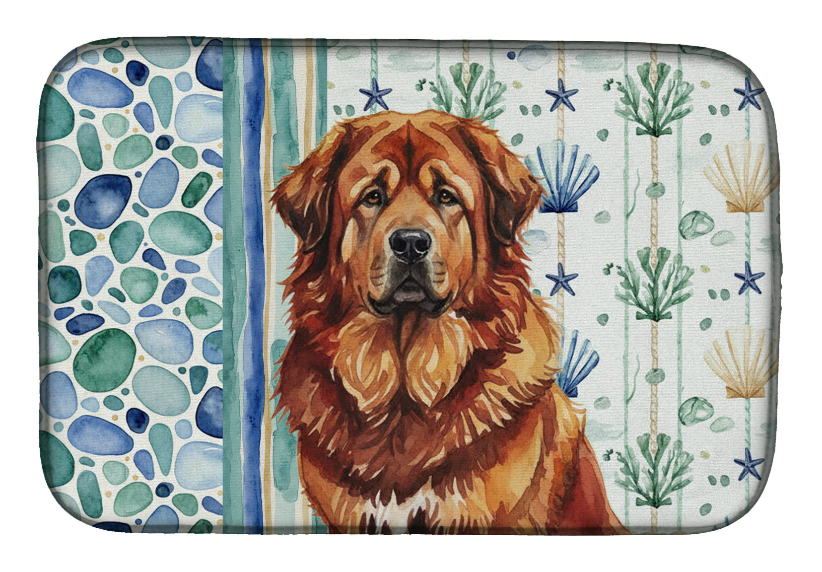Red Gold Tibetan Mastiff Coastal Sea Glass Dish Drying Mat Absorbent Dish Drying Mat Pad for Kitchen Counter Dish Drainer Mat for Countertop, 14 x 21", Multicolor