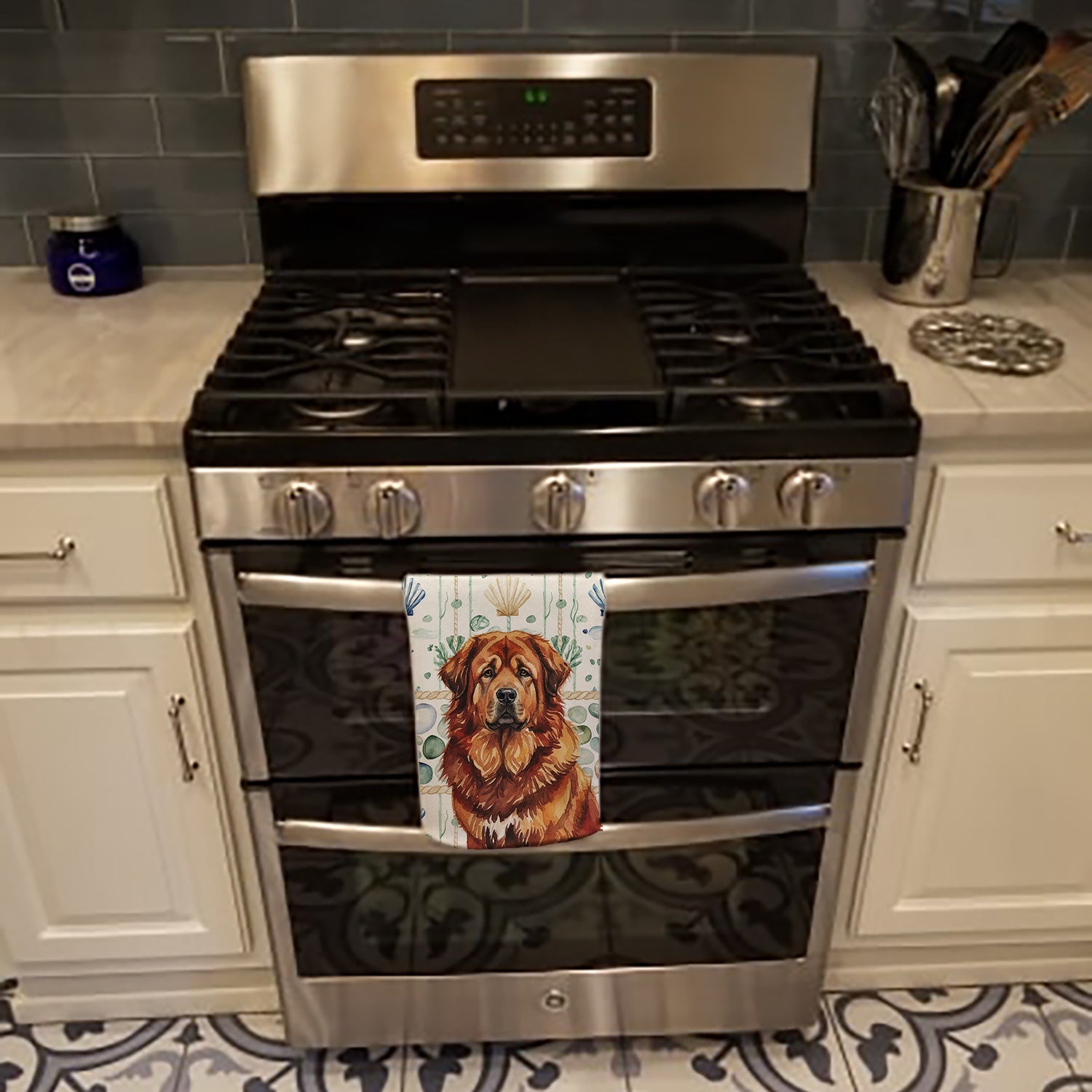 Red Gold Tibetan Mastiff Coastal Sea Glass Kitchen Towel Velour Plush Front and Cotton Loop Back Machine Washable