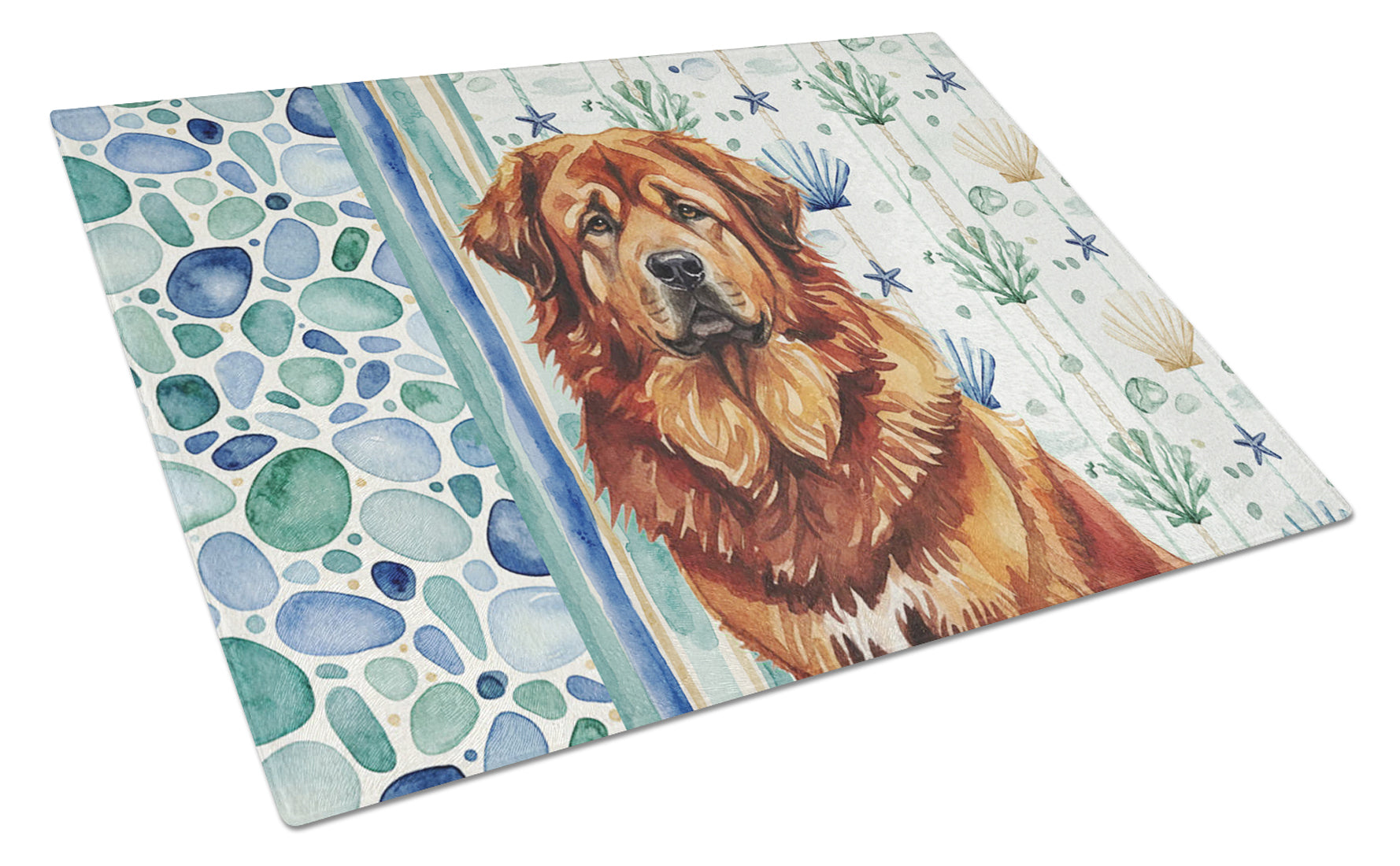 Red Gold Tibetan Mastiff Coastal Sea Glass Cutting Board Tempered Glass Kitchen Cutting Surface, Heat Resistant Chopping, Non-Slip Feet, Food Prep & Serving