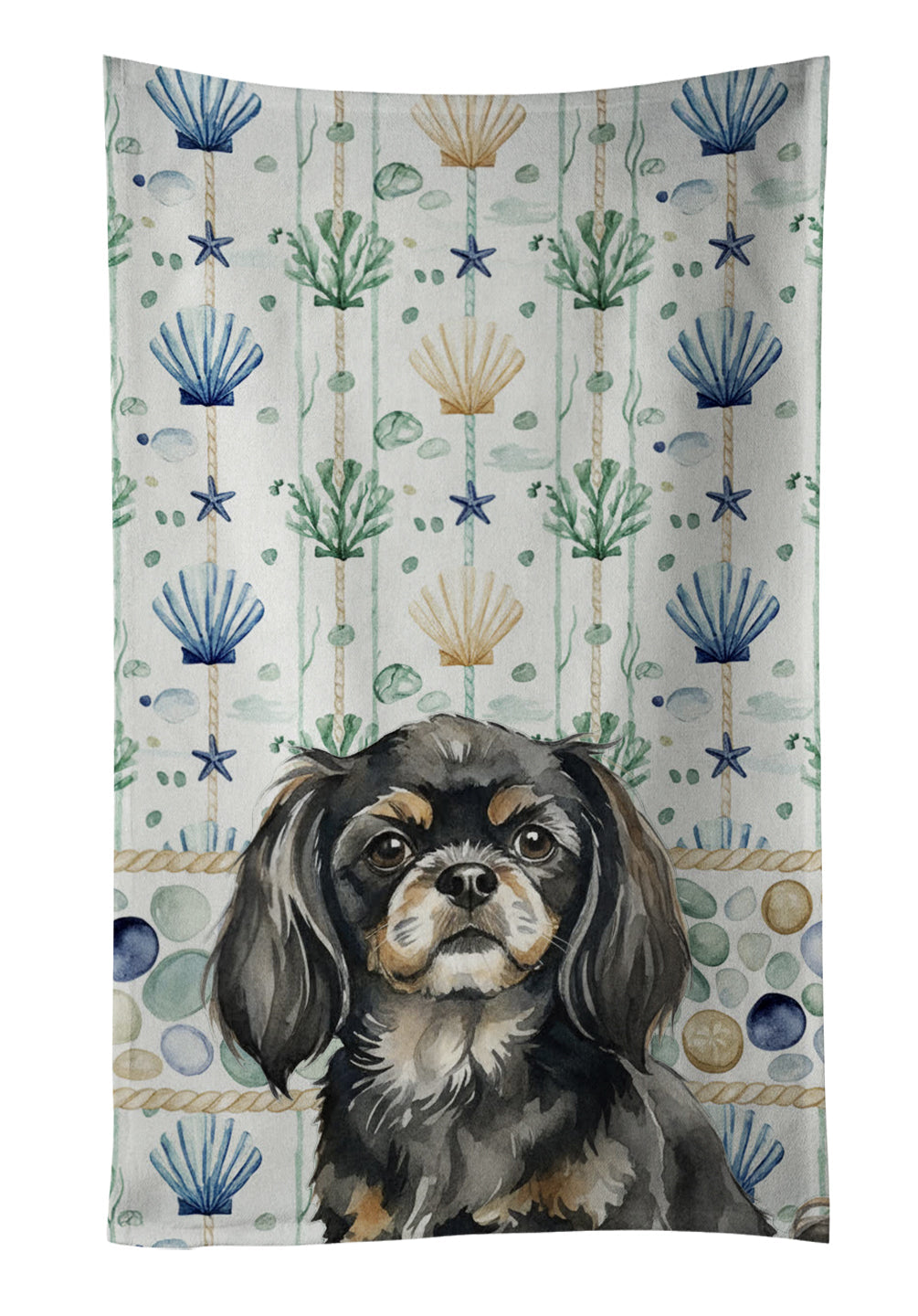 Black and Tan Tibetan Spaniel Coastal Sea Glass Kitchen Towel Velour Plush Front and Cotton Loop Back Machine Washable