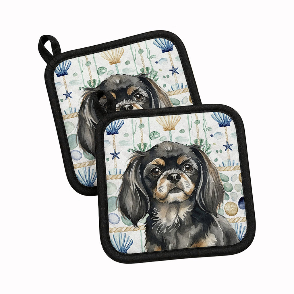 Black and Tan Tibetan Spaniel Coastal Sea Glass Pot Holder Set of 2 Heat Resistant Quilted Hot Pads 7.5 x 7.5 Inch, Insulated Kitchen Trivets for Cooking & Baking