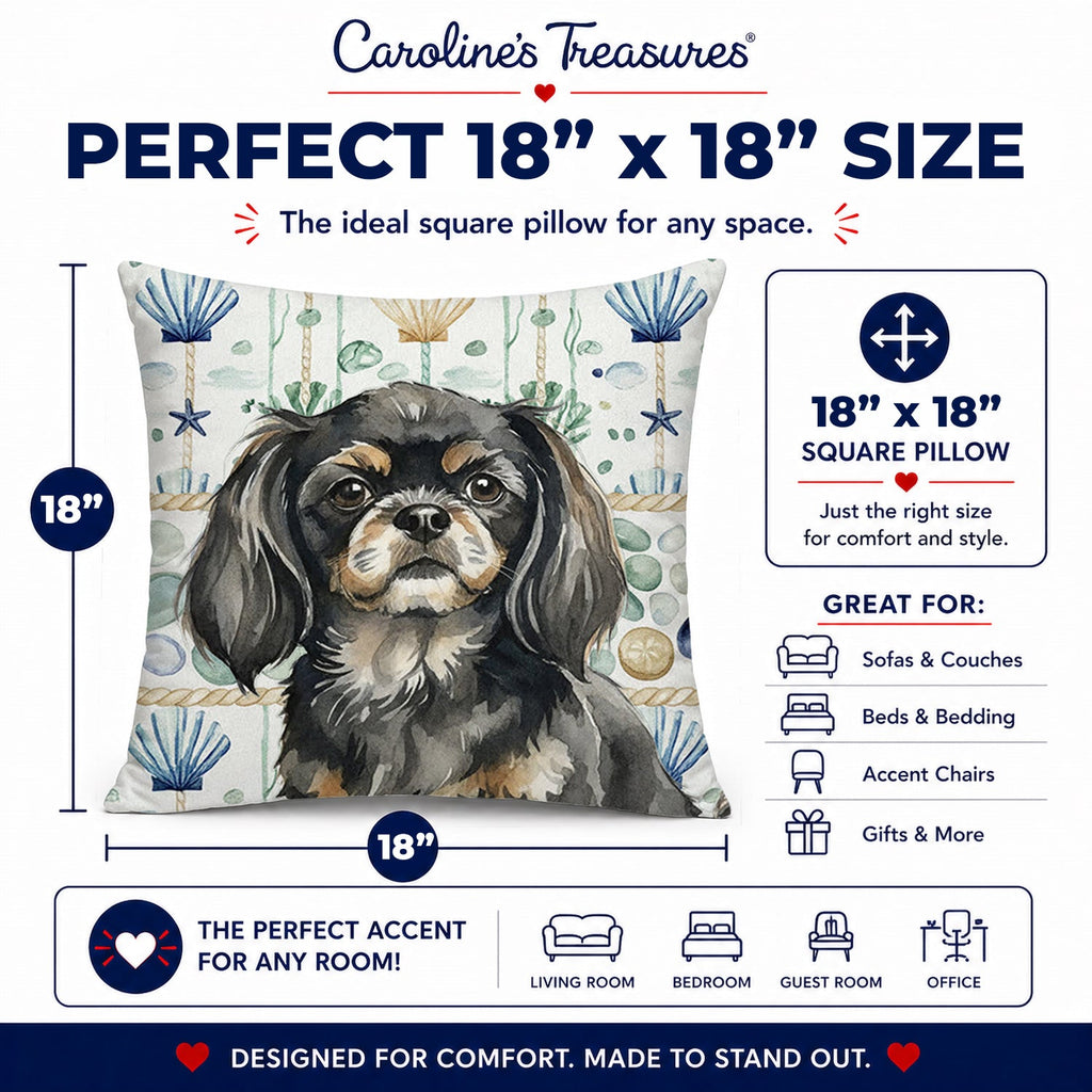 Black and Tan Tibetan Spaniel Coastal Sea Glass Decorative Throw Pillow 18x18 Indoor Outdoor Accent Cushion, Fabric Cover with Insert for Sofa, Bed, Porch & Living Room