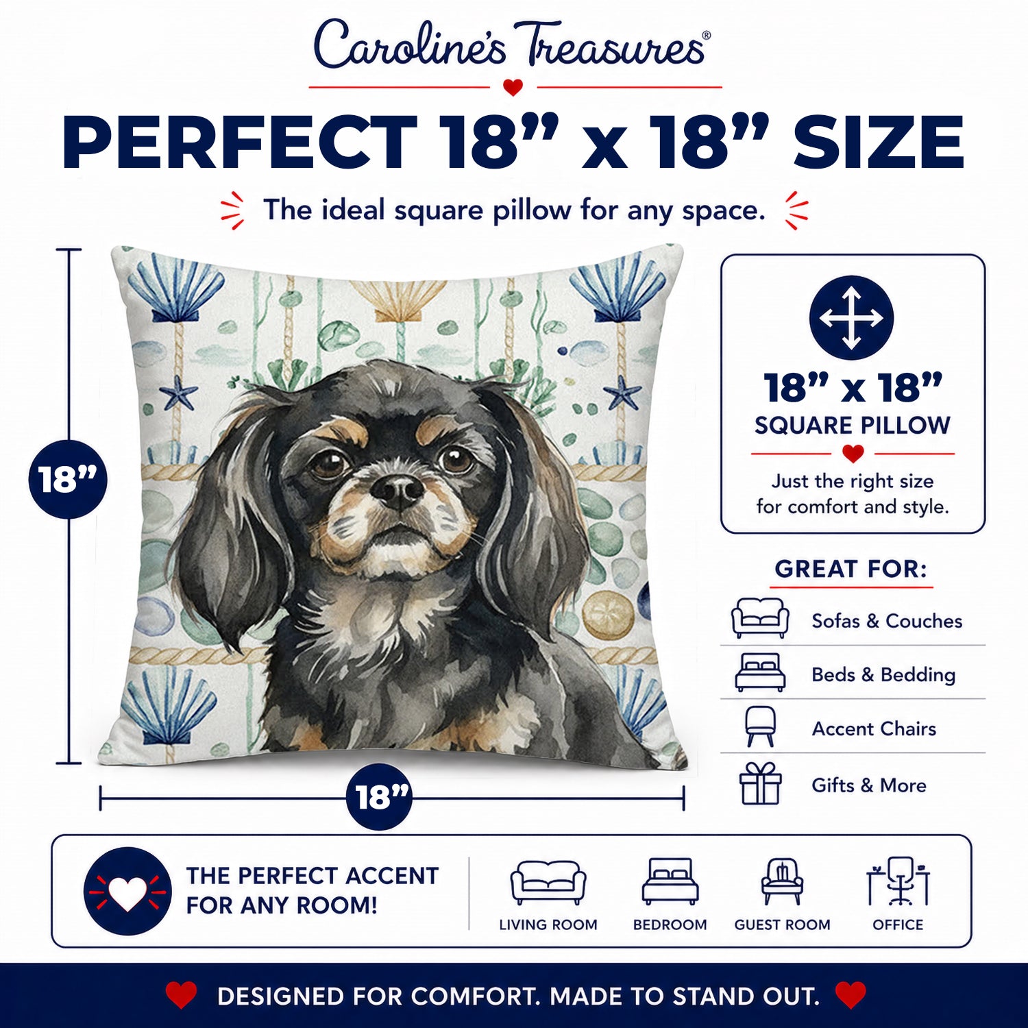 Black and Tan Tibetan Spaniel Coastal Sea Glass Decorative Throw Pillow 18x18 Indoor Outdoor Accent Cushion, Fabric Cover with Insert for Sofa, Bed, Porch & Living Room