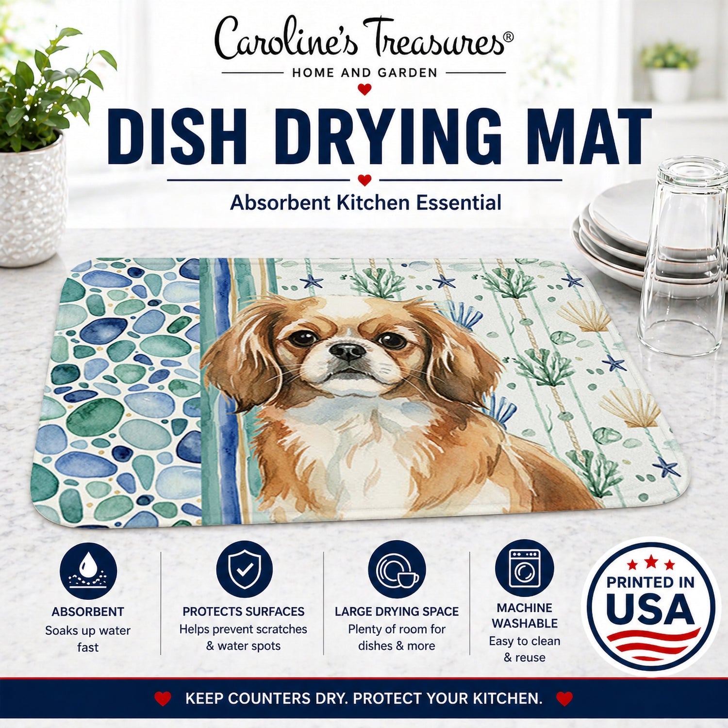 Tibetan Spaniel Coastal Sea Glass Dish Drying Mat Absorbent Dish Drying Mat Pad for Kitchen Counter Dish Drainer Mat for Countertop, 14 x 21", Multicolor