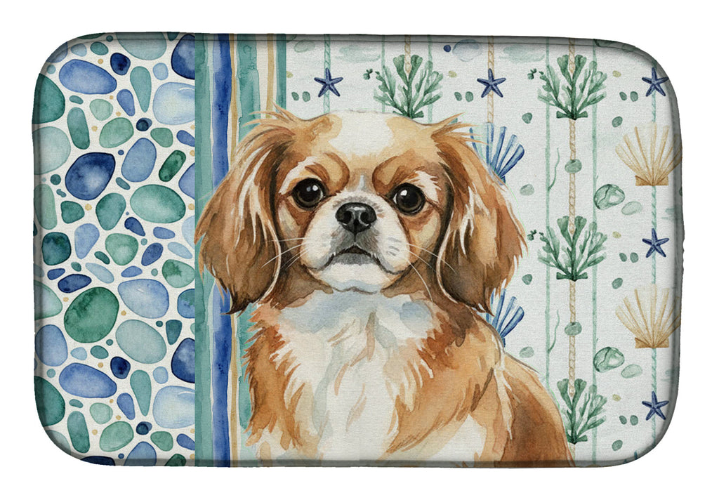Tibetan Spaniel Coastal Sea Glass Dish Drying Mat Absorbent Dish Drying Mat Pad for Kitchen Counter Dish Drainer Mat for Countertop, 14 x 21", Multicolor