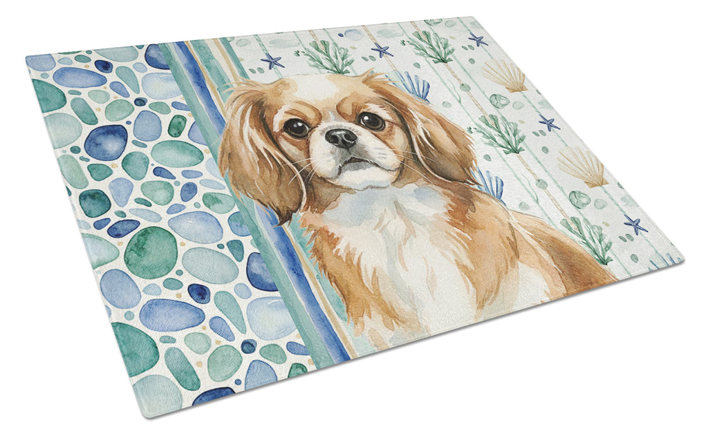 Tibetan Spaniel Coastal Sea Glass Cutting Board Tempered Glass Kitchen Cutting Surface, Heat Resistant Chopping, Non-Slip Feet, Food Prep & Serving
