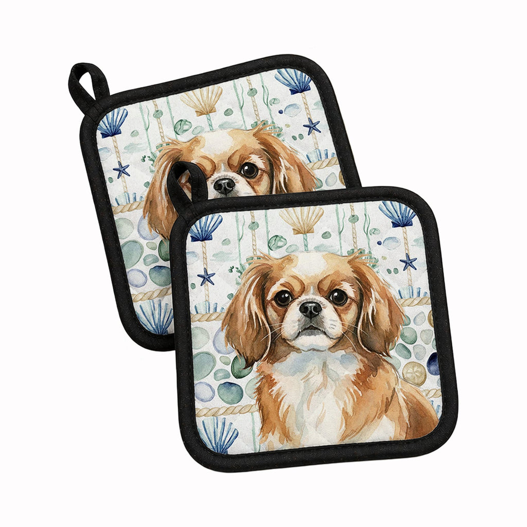 Tibetan Spaniel Coastal Sea Glass Pot Holder Set of 2 Heat Resistant Quilted Hot Pads 7.5 x 7.5 Inch, Insulated Kitchen Trivets for Cooking & Baking