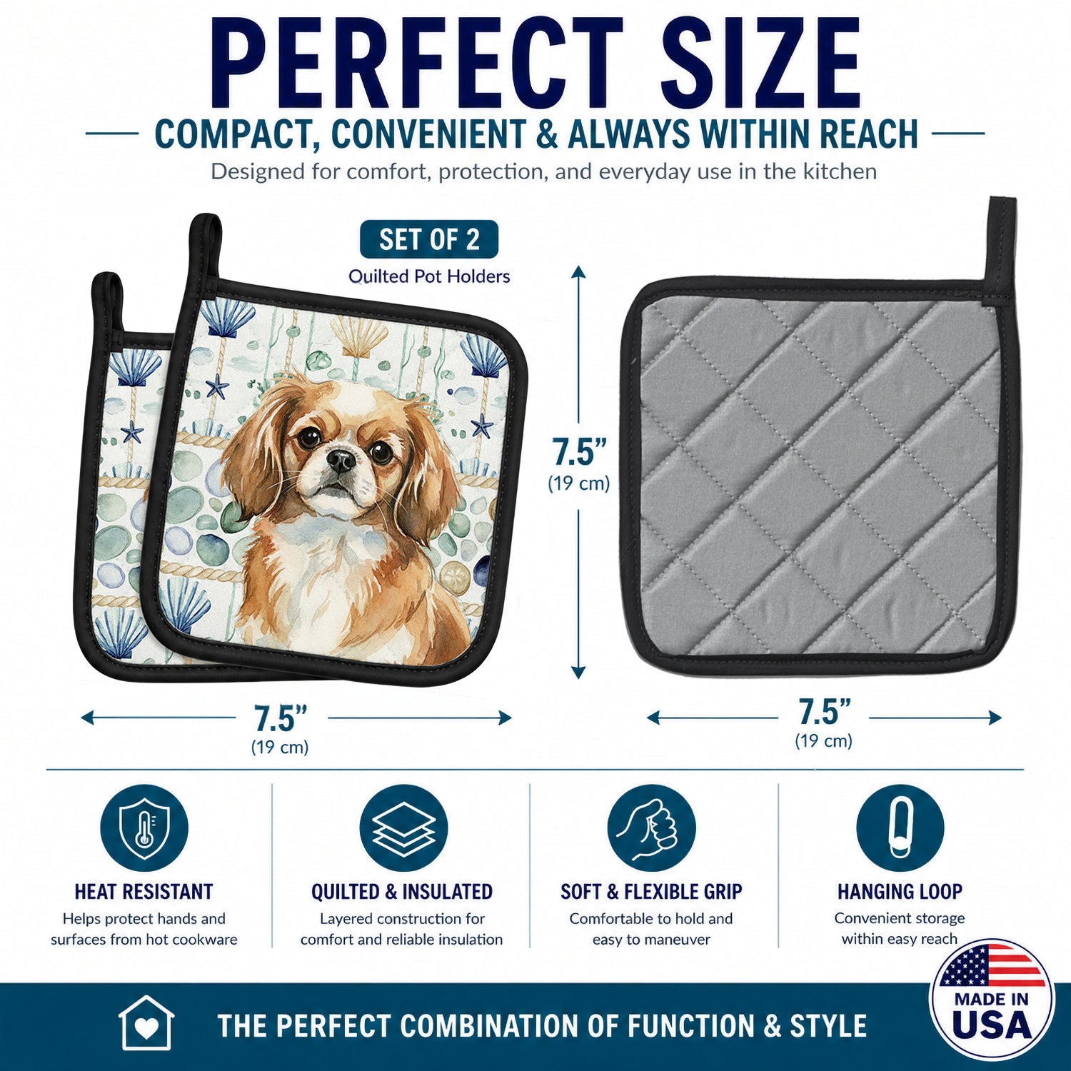 Tibetan Spaniel Coastal Sea Glass Pot Holder Set of 2 Heat Resistant Quilted Hot Pads 7.5 x 7.5 Inch, Insulated Kitchen Trivets for Cooking & Baking