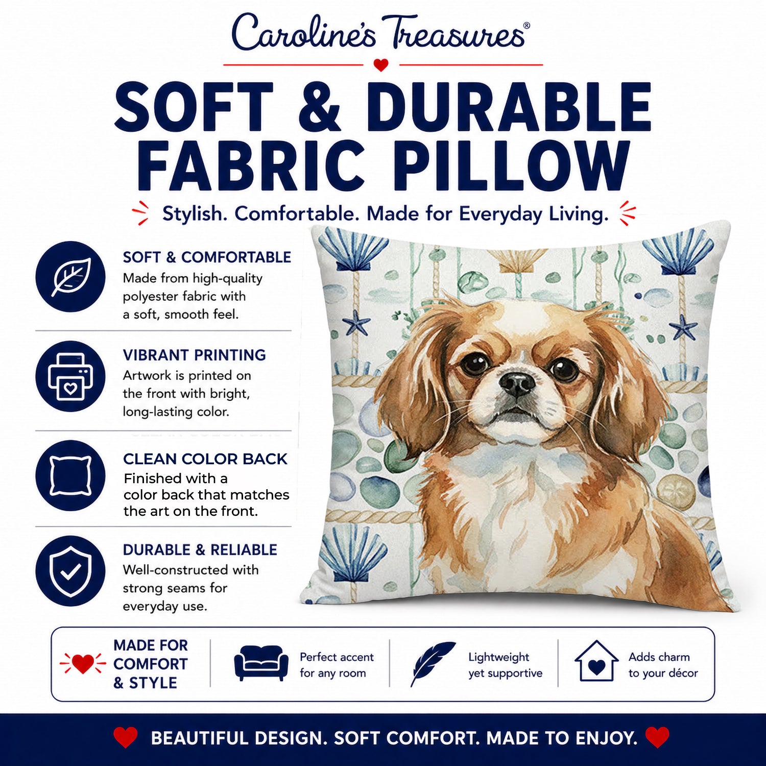 Tibetan Spaniel Coastal Sea Glass Decorative Throw Pillow 14x14 Indoor Outdoor Accent Cushion, Fabric Cover with Insert for Sofa, Bed, Porch & Living Room