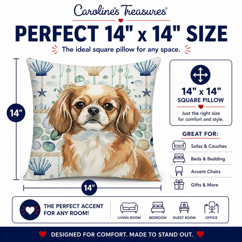 Tibetan Spaniel Coastal Sea Glass Decorative Throw Pillow 14x14 Indoor Outdoor Accent Cushion, Fabric Cover with Insert for Sofa, Bed, Porch & Living Room