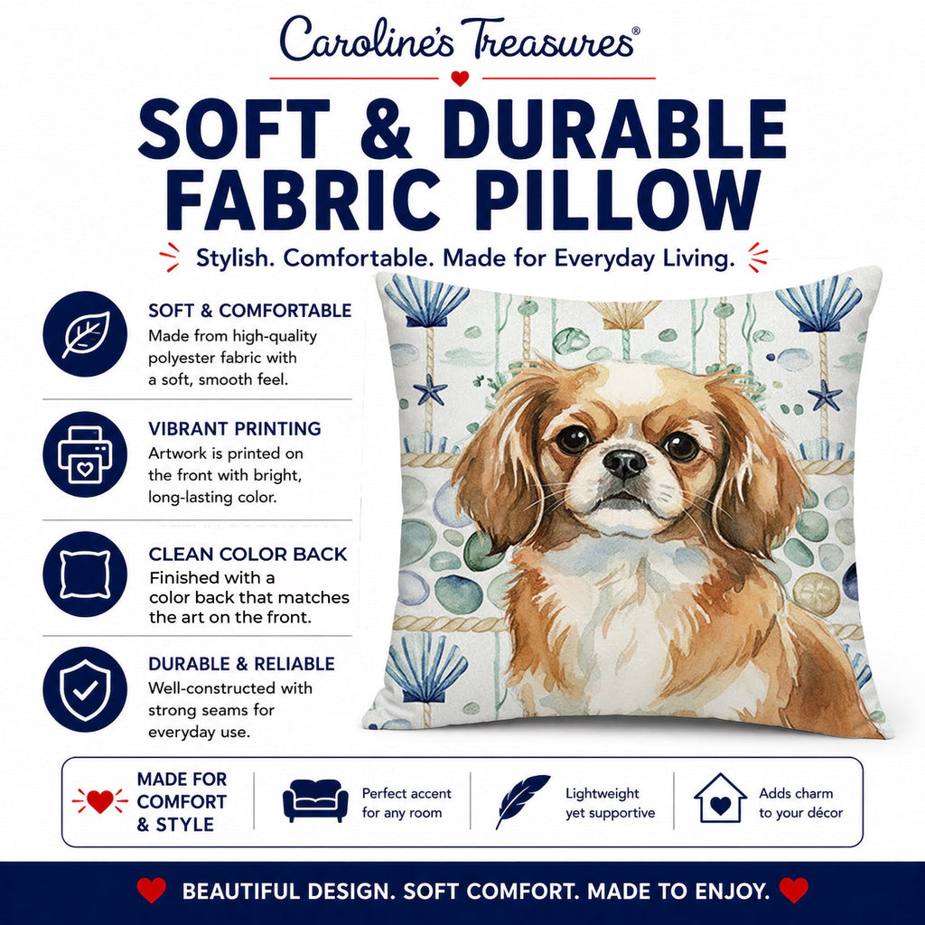 Tibetan Spaniel Coastal Sea Glass Decorative Throw Pillow 18x18 Indoor Outdoor Accent Cushion, Fabric Cover with Insert for Sofa, Bed, Porch & Living Room