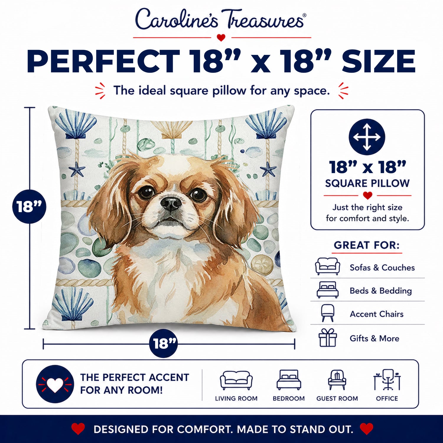 Tibetan Spaniel Coastal Sea Glass Decorative Throw Pillow 18x18 Indoor Outdoor Accent Cushion, Fabric Cover with Insert for Sofa, Bed, Porch & Living Room